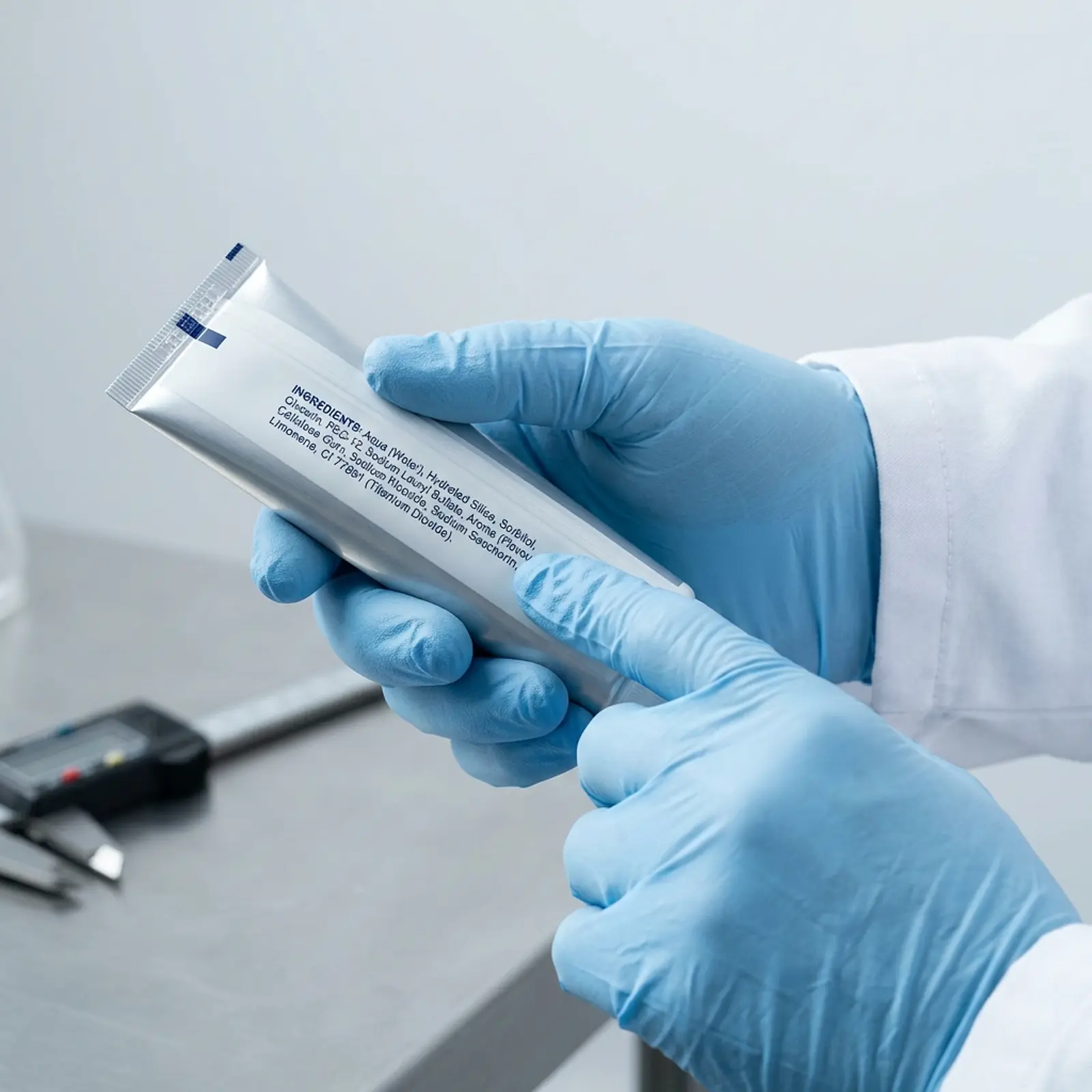 Macro shot: a toothpaste tube held by one hand, the other touching the ingredients list, neutral background.