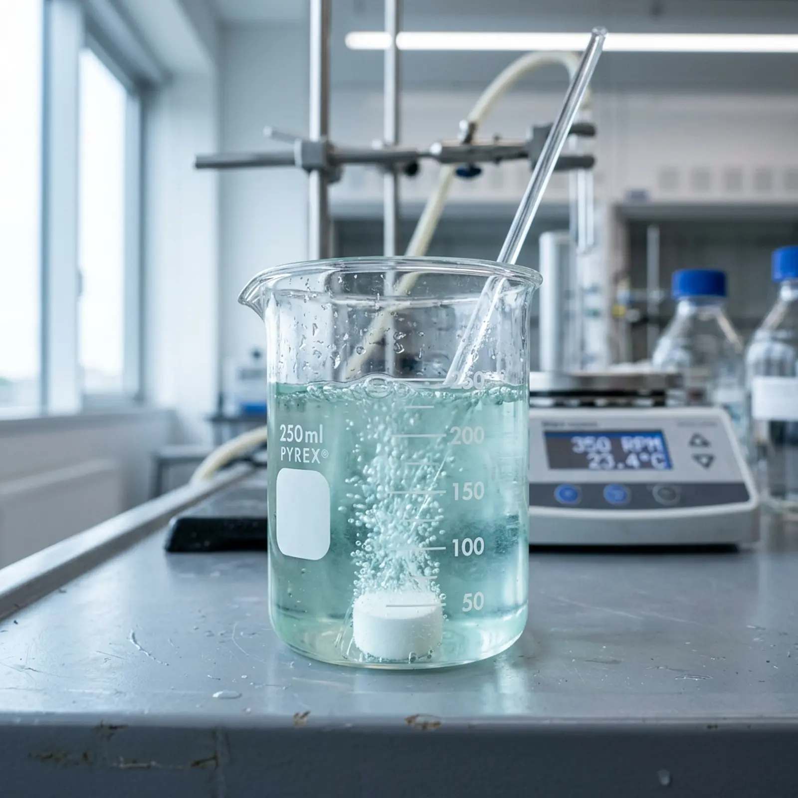 Glass beaker of cloudy dye water with bubbles rising from a white catalyst pellet