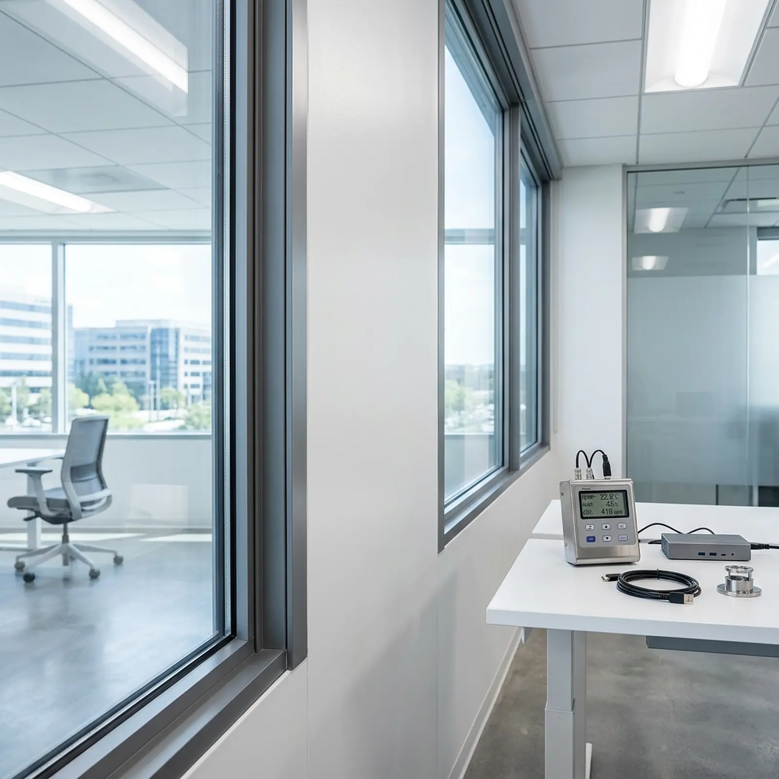 Office interior with fluorescent lights and a clean white wall panel by a window