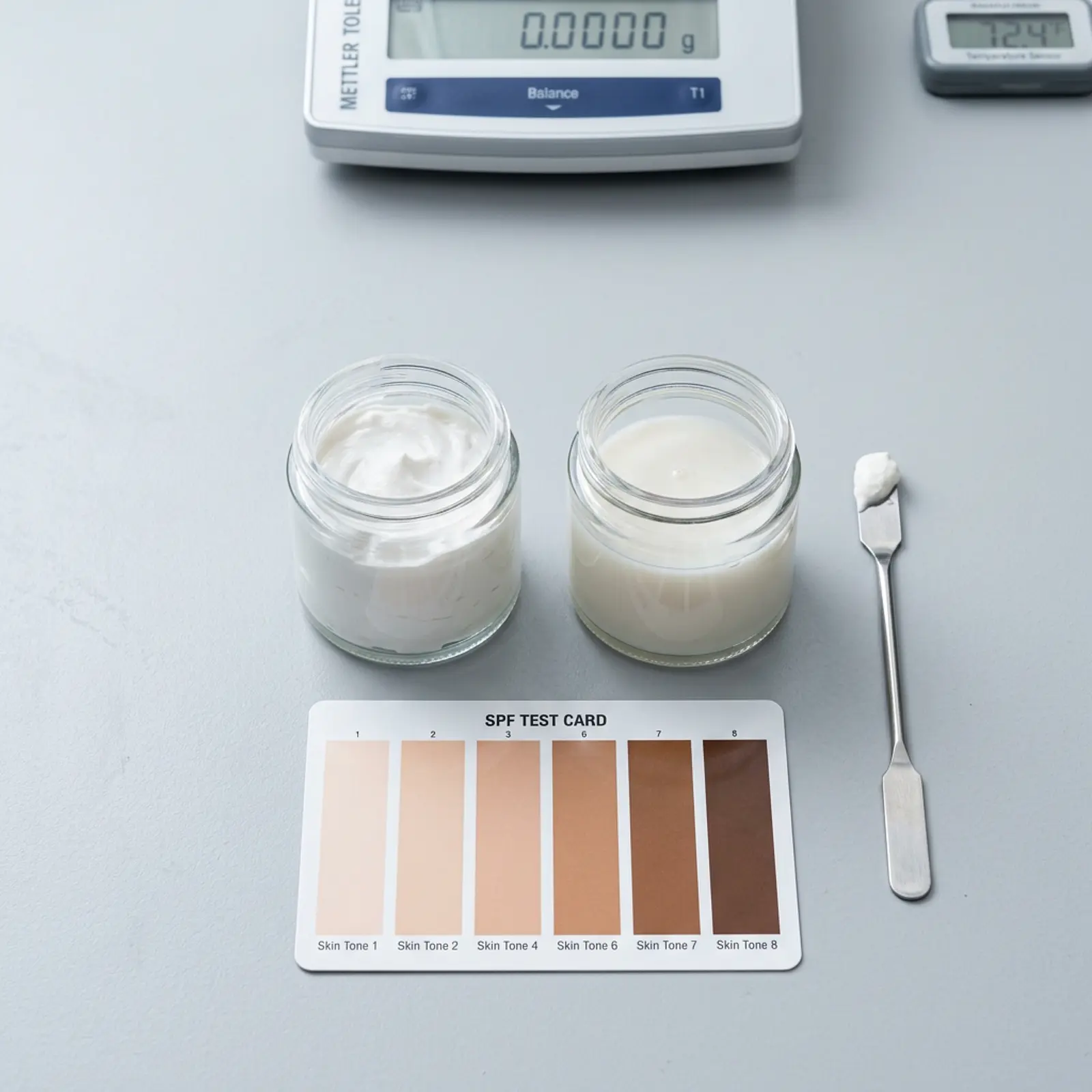 Overhead shot: two unlabeled mineral sunscreen samples next to a spatula and skin-tone chart.