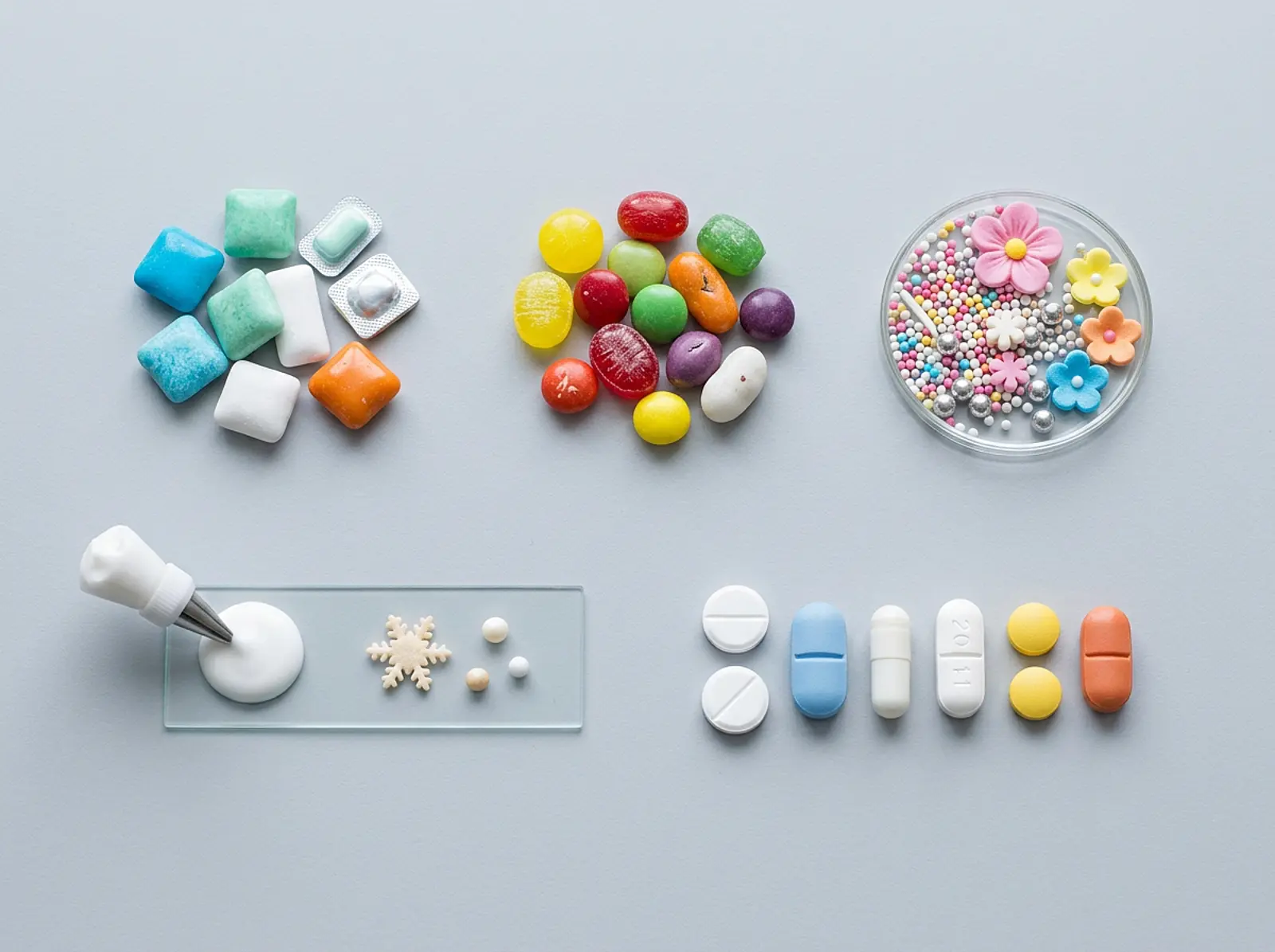 Macro shot: clean studio tabletop setup with chewing gum, icing, cake decorations, tablets.