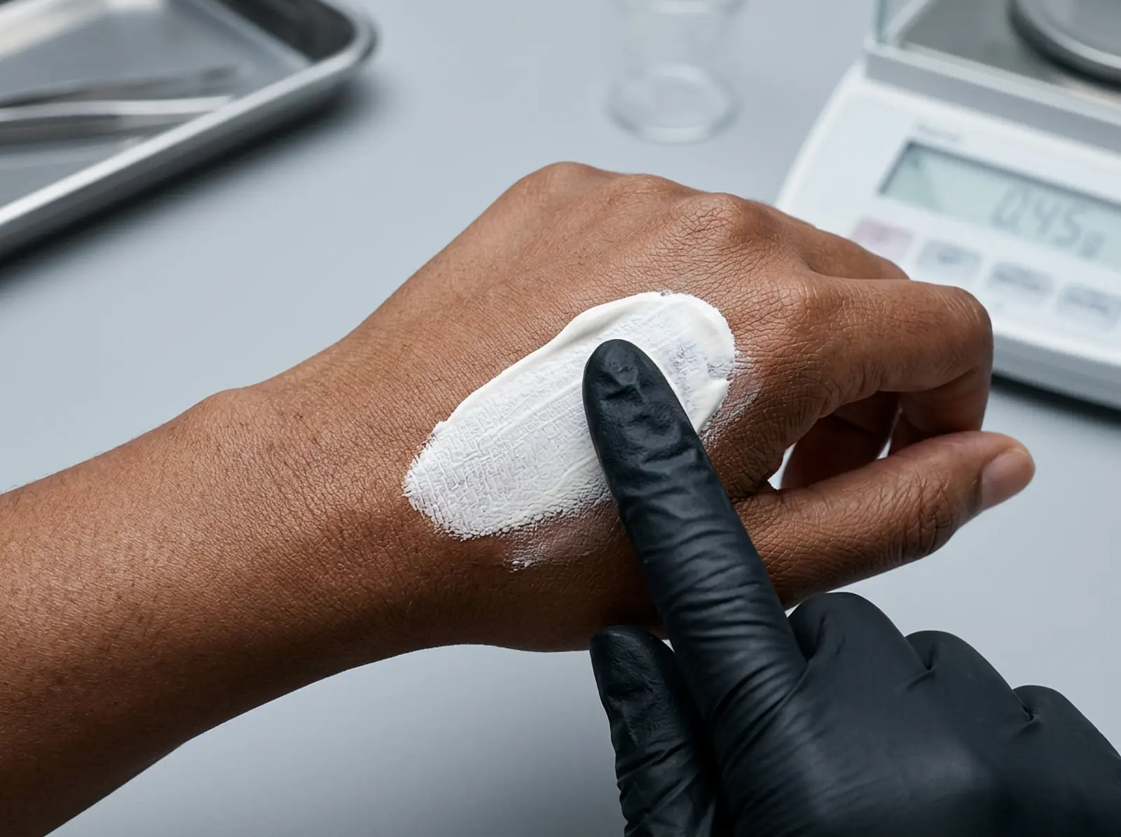 Close-up makeup background: white foundation being evenly blended on the back of a hand