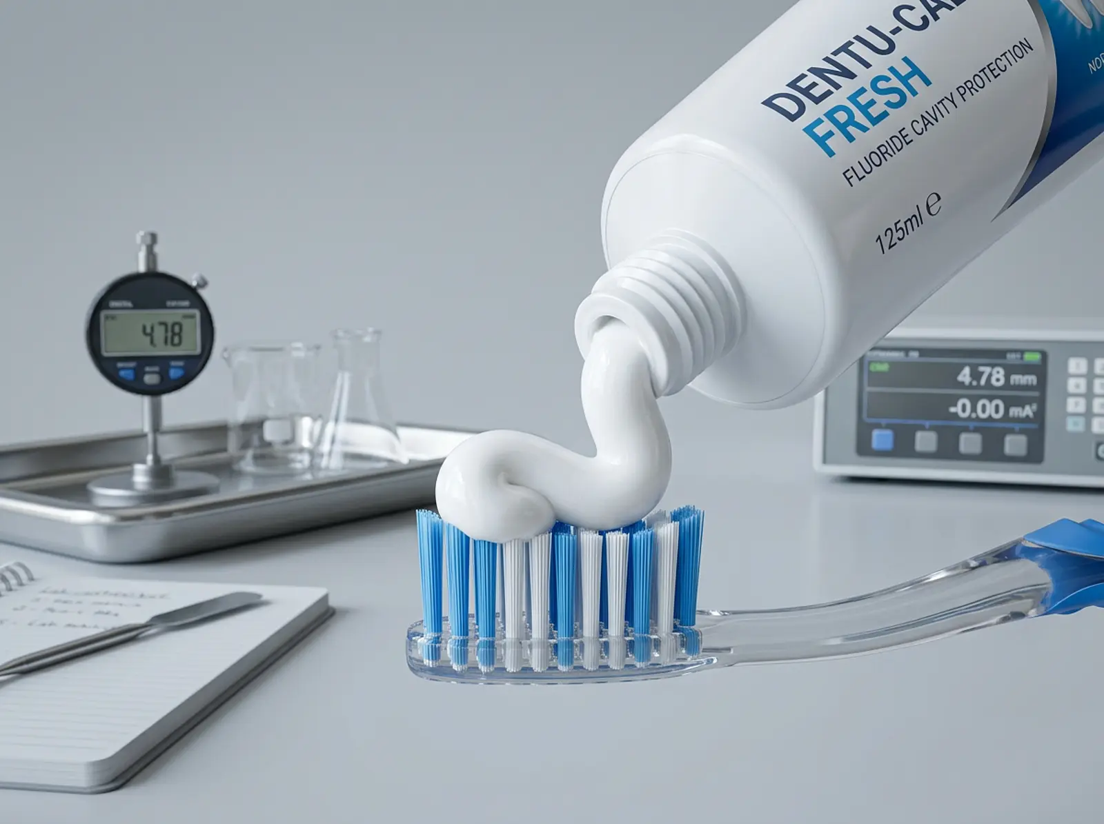 Close-up of white toothpaste from the tube on a toothbrush, bright and even.