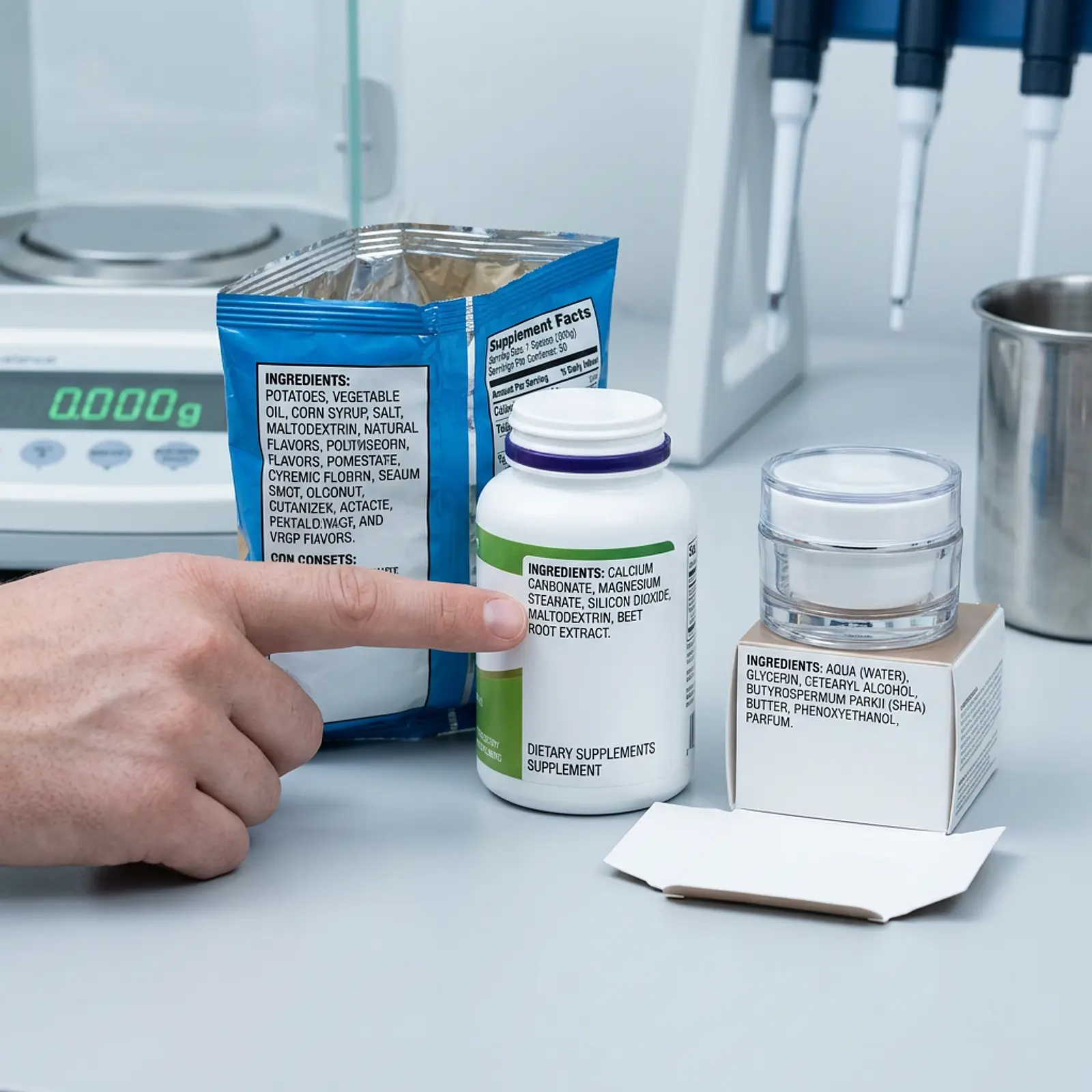 Close-up of opened packaging with ingredient lists; finger compares ingredient names.