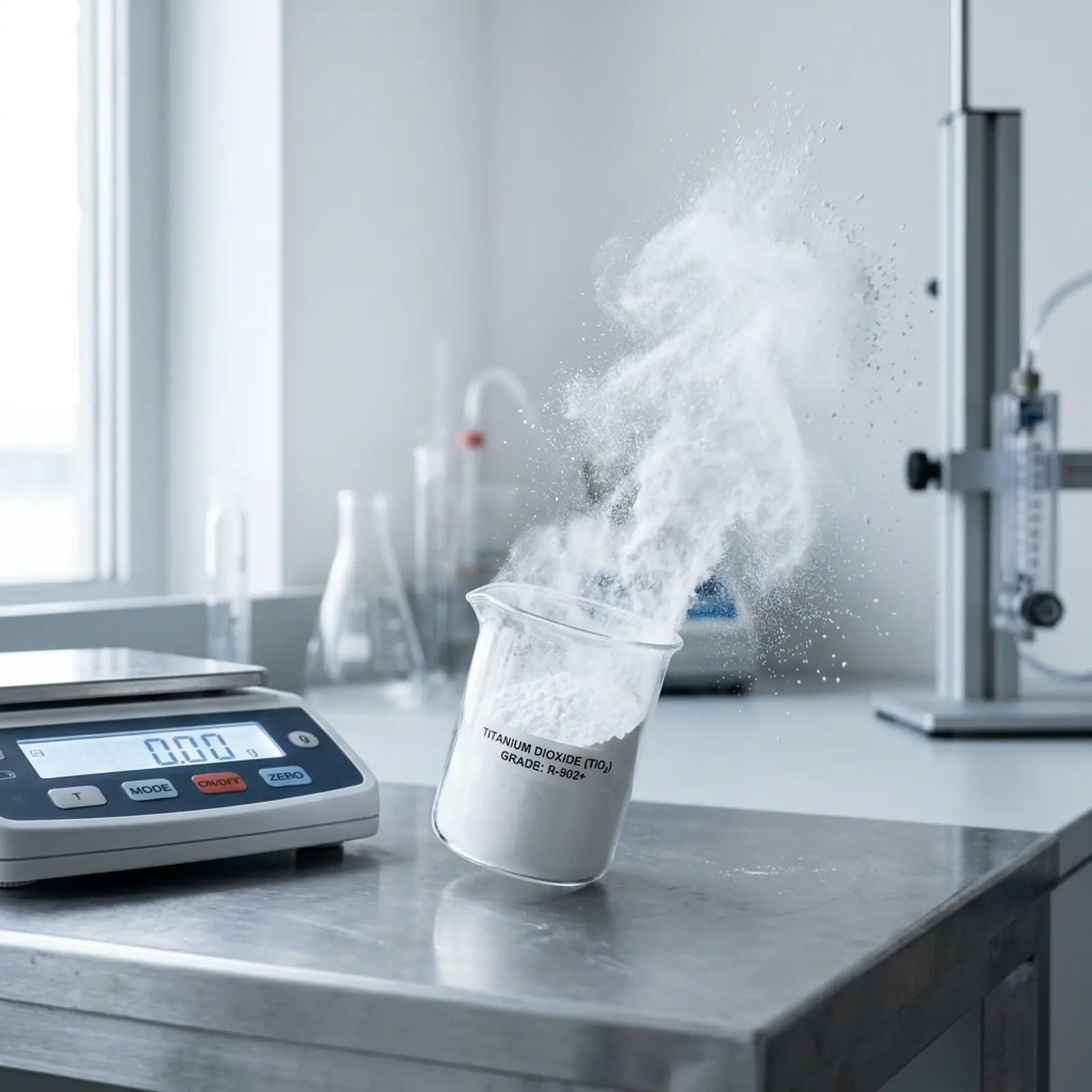 Macro shot of white titanium dioxide powder dispersing in air from an open container, studio.
