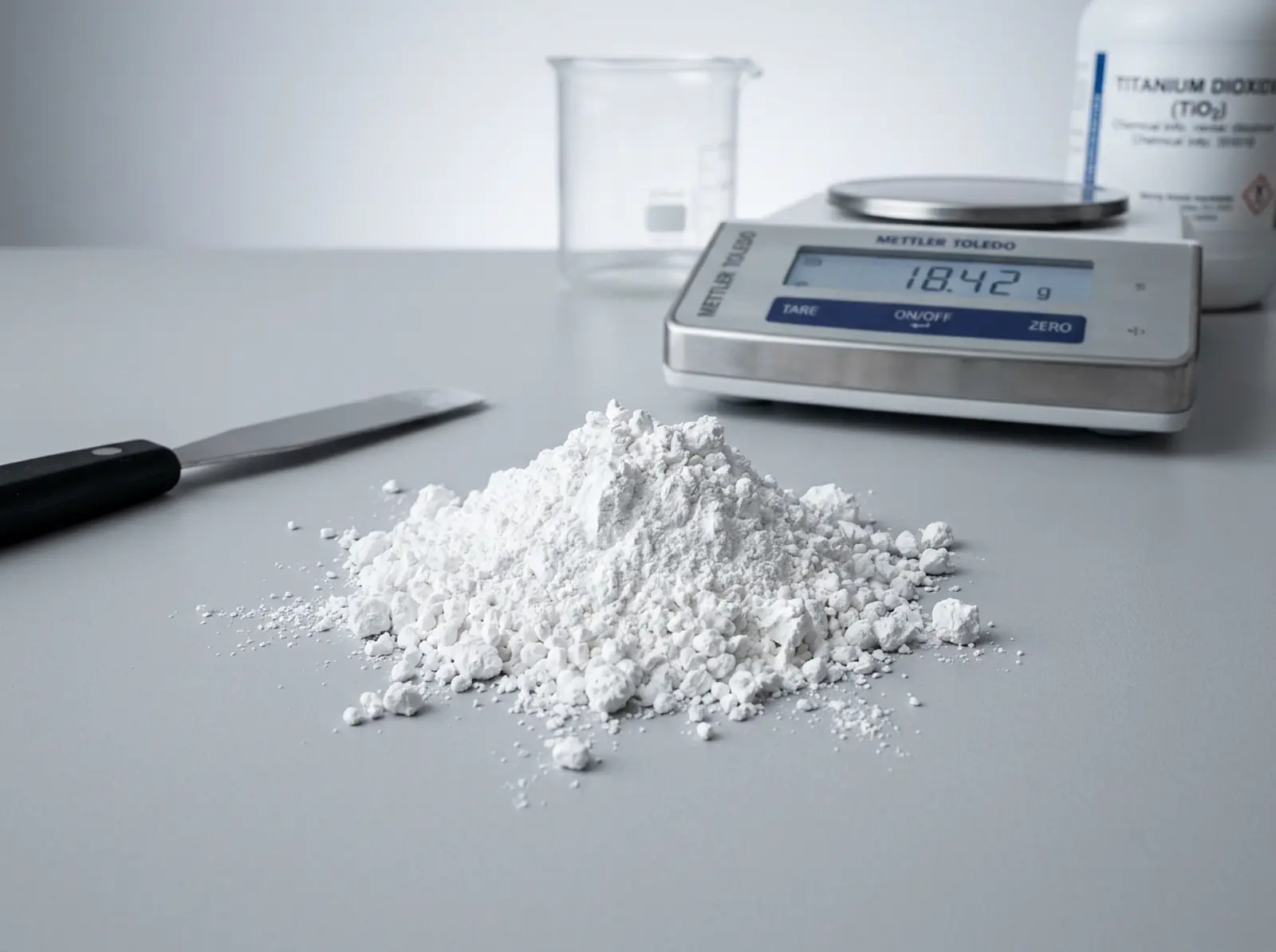 Clean studio macro shot of a pile of white titanium dioxide powder on a neutral grey background.