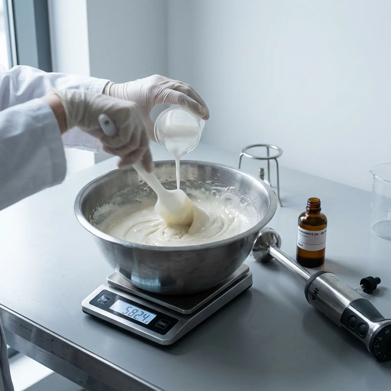 Macro shot of a thick cold-process soap batter in a bowl; fragrance bottle and immersion blender beside it.