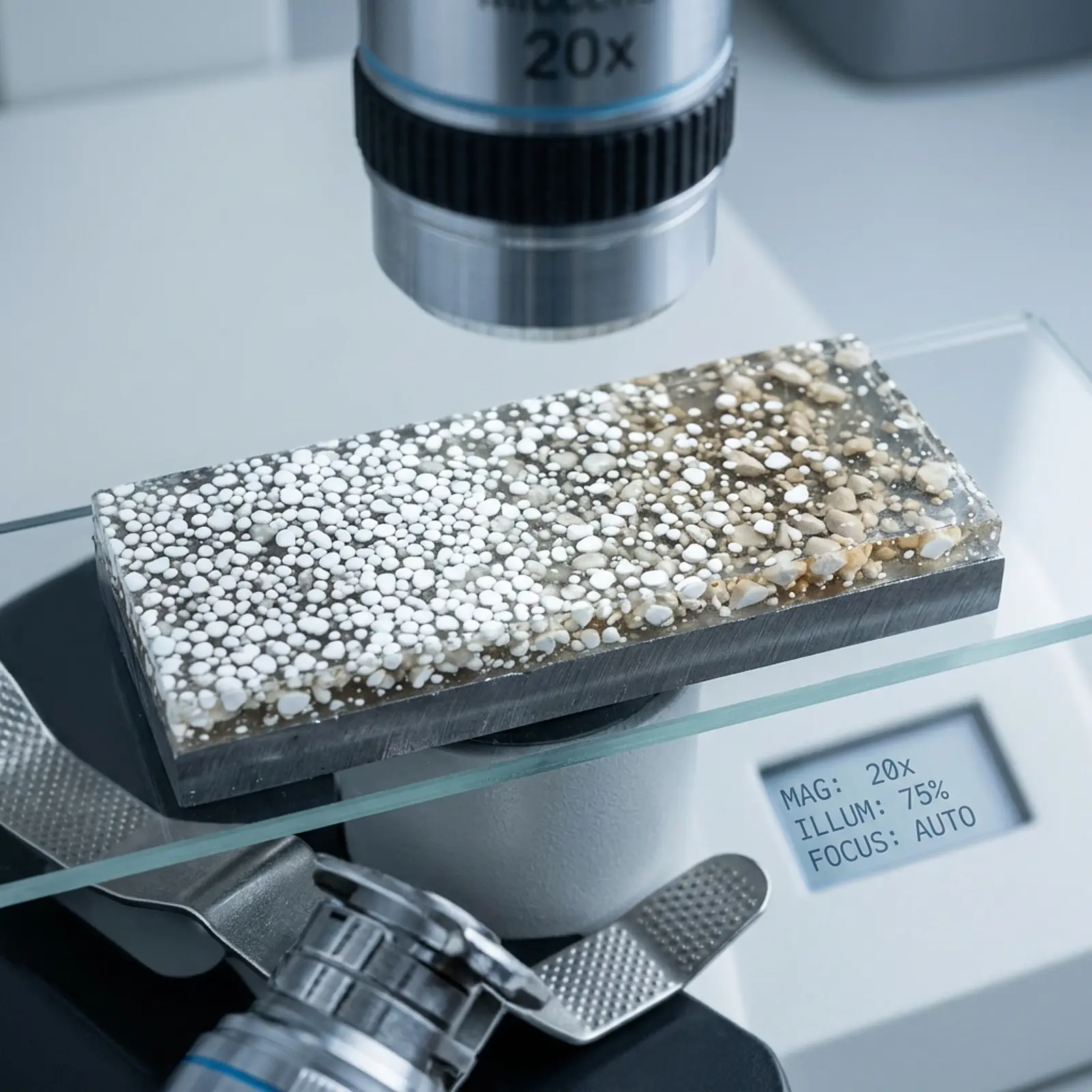 Microscope cross-section of dried coating film showing pigment and extender particles in binder matrix