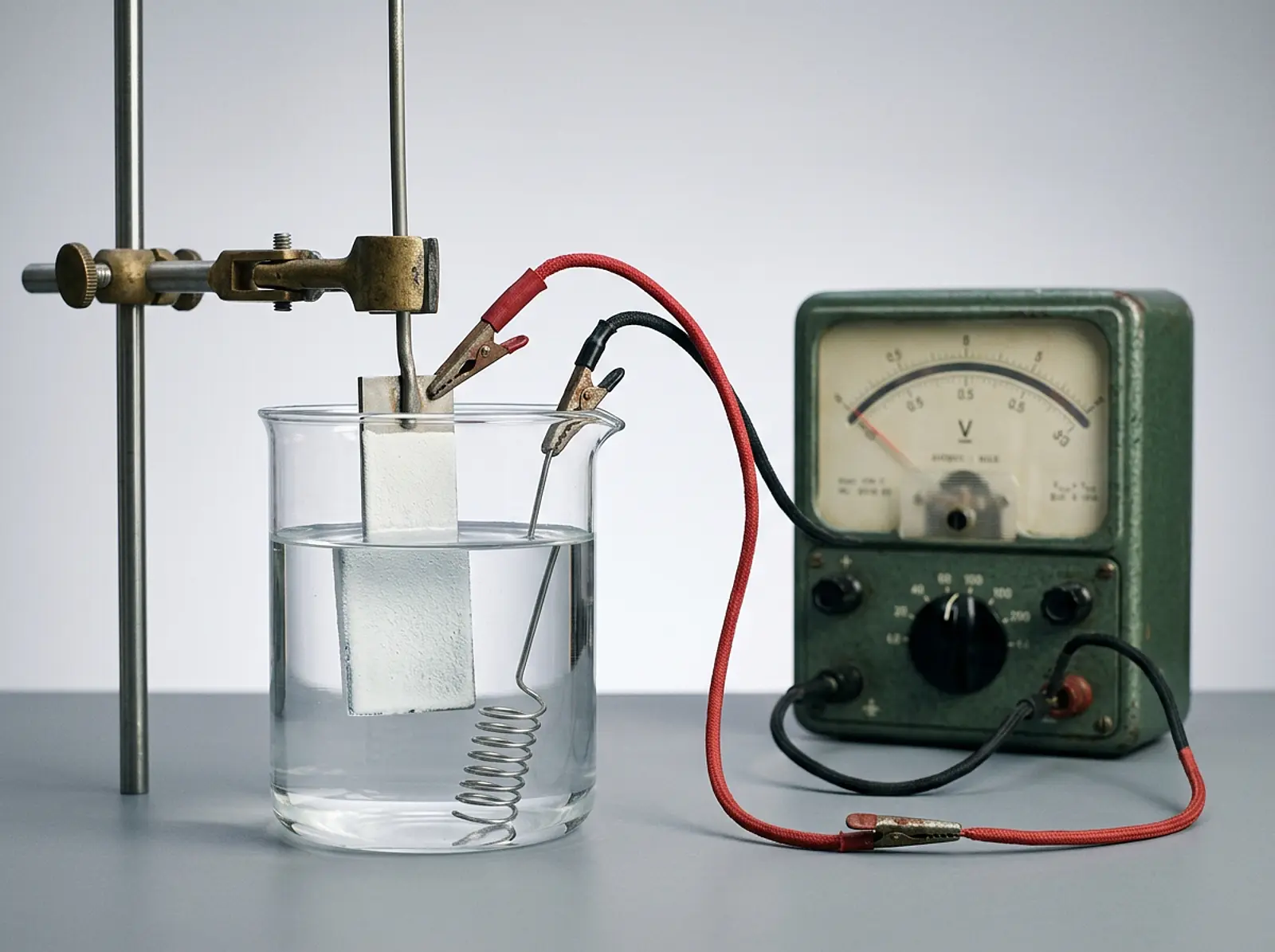 Vintage electrochemical cell with titanium dioxide electrode in water and analog meter